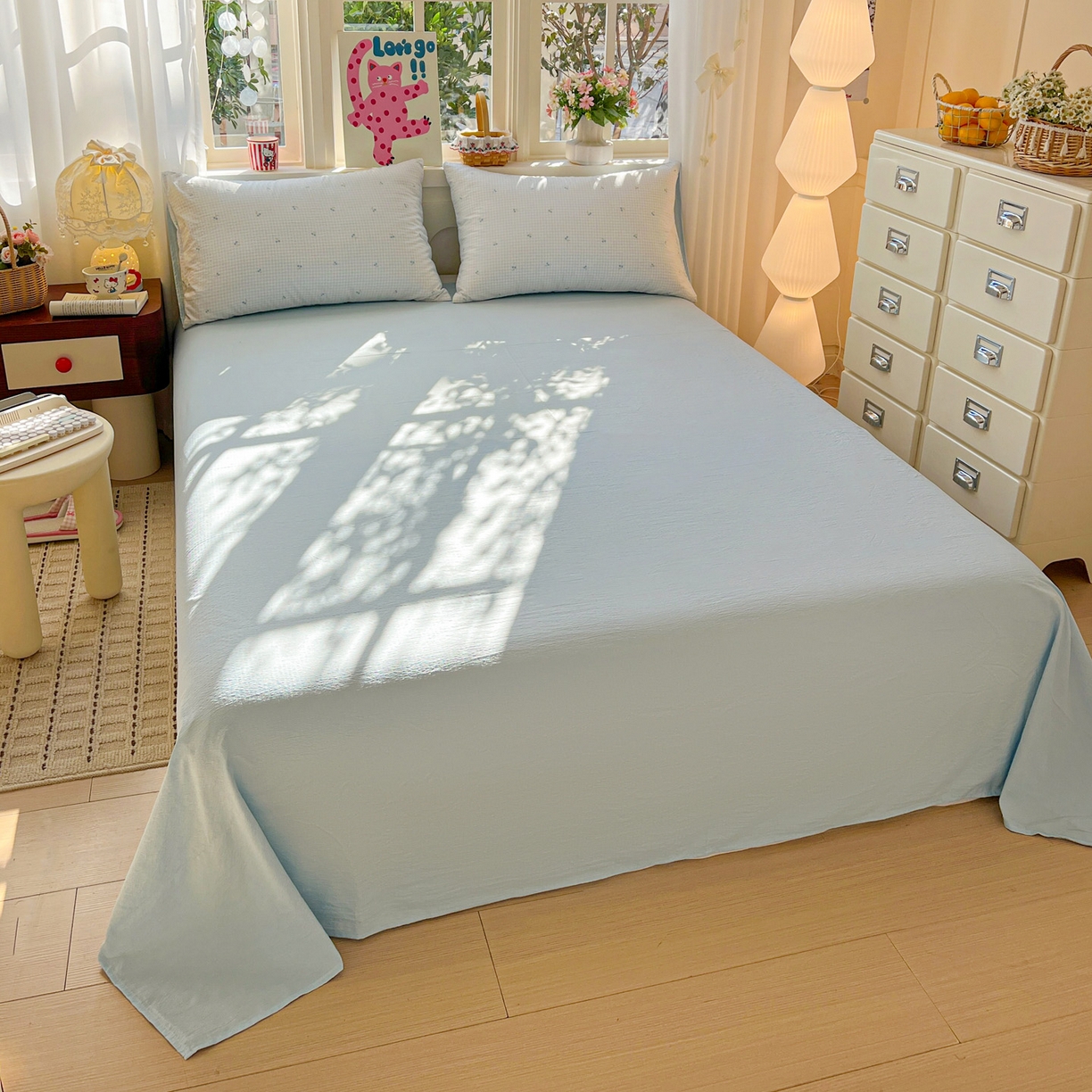 91家纺网 家纺一手货源 找家纺 水木坊 2026春夏新款云感双层纱可爱系列四件套 蓝格樱桃