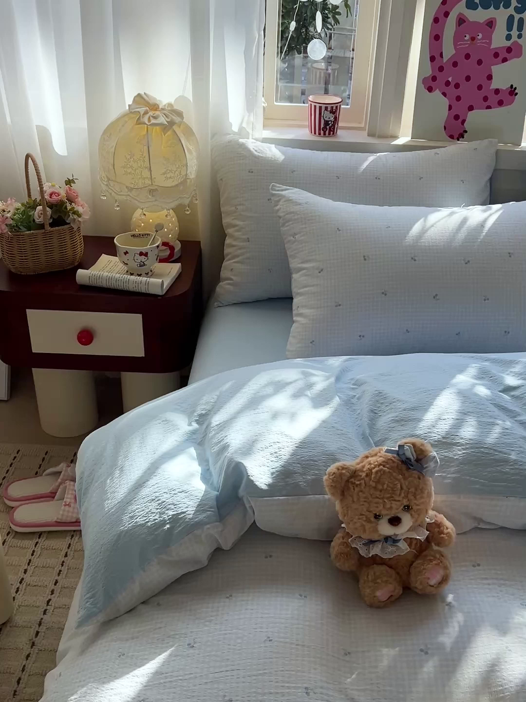 91家纺网 家纺一手货源 找家纺 水木坊 2026春夏新款云感双层纱可爱系列四件套 蓝格樱桃