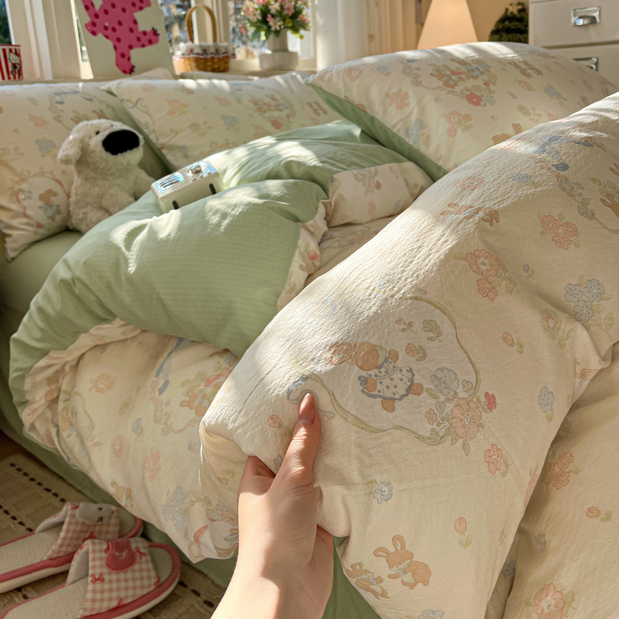 91家纺网 家纺一手货源 找家纺 水木坊 2026春夏新款云感双层纱可爱系列四件套 梦境小兔