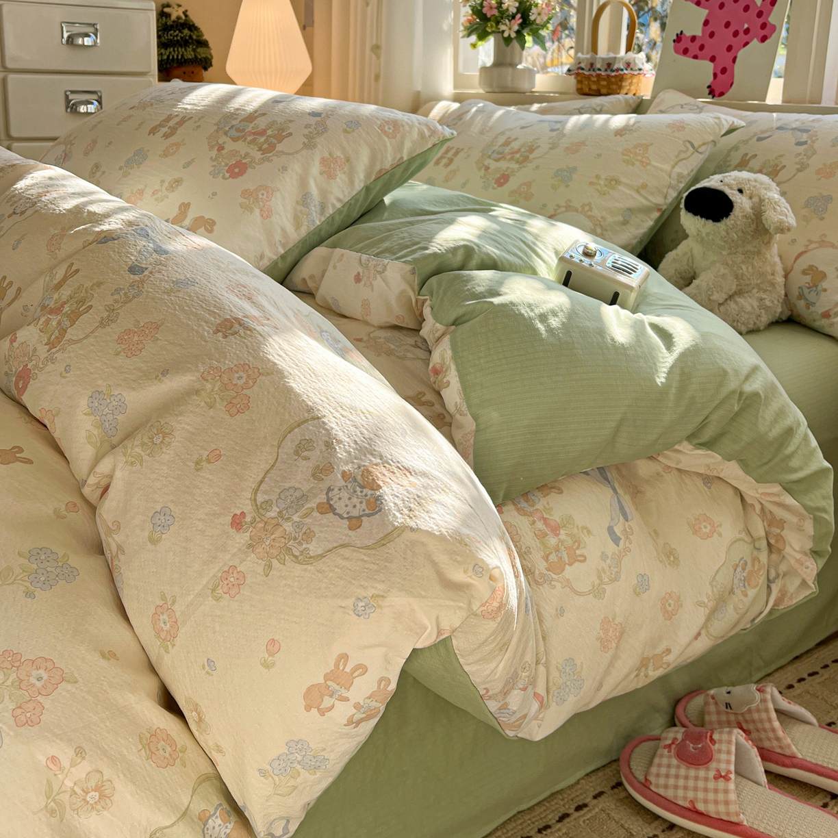 91家纺网 家纺一手货源 找家纺 水木坊 2026春夏新款云感双层纱可爱系列四件套 梦境小兔