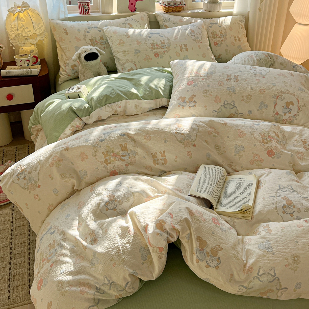 91家纺网 家纺一手货源 找家纺 水木坊 2026春夏新款云感双层纱可爱系列四件套 梦境小兔