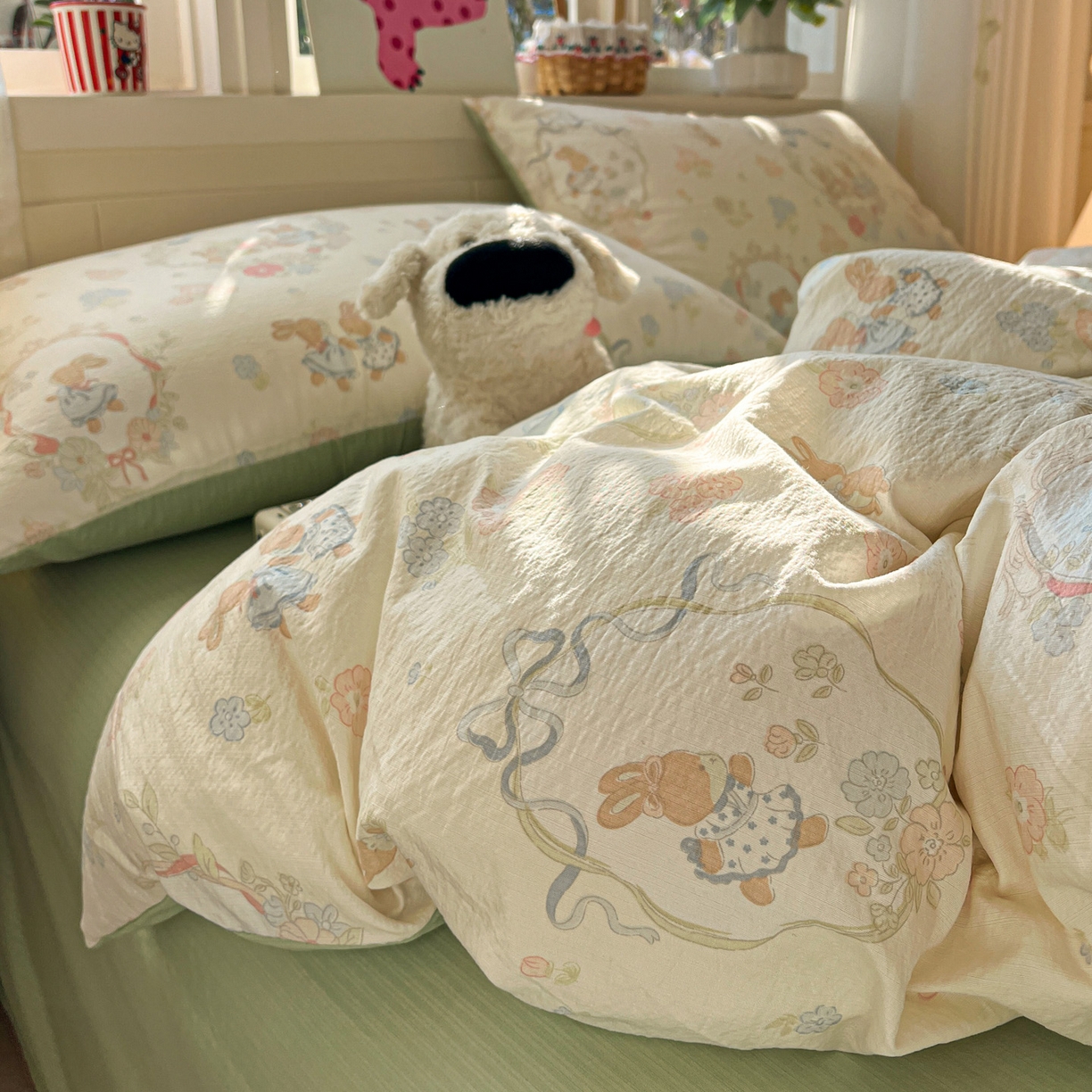 91家纺网 家纺一手货源 找家纺 水木坊 2026春夏新款云感双层纱可爱系列四件套 梦境小兔