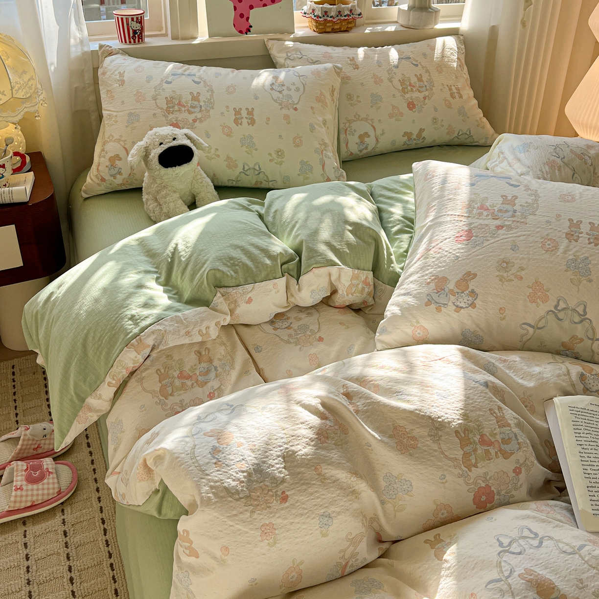 91家纺网 家纺一手货源 找家纺 水木坊 2026春夏新款云感双层纱可爱系列四件套 梦境小兔