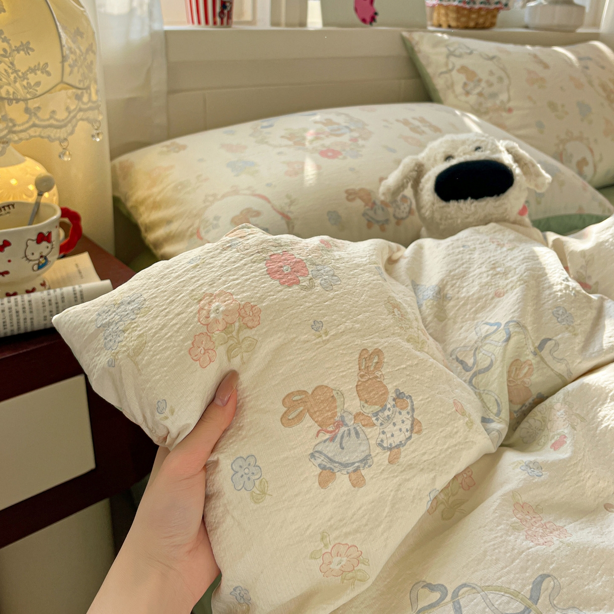 91家纺网 家纺一手货源 找家纺 水木坊 2026春夏新款云感双层纱可爱系列四件套 梦境小兔