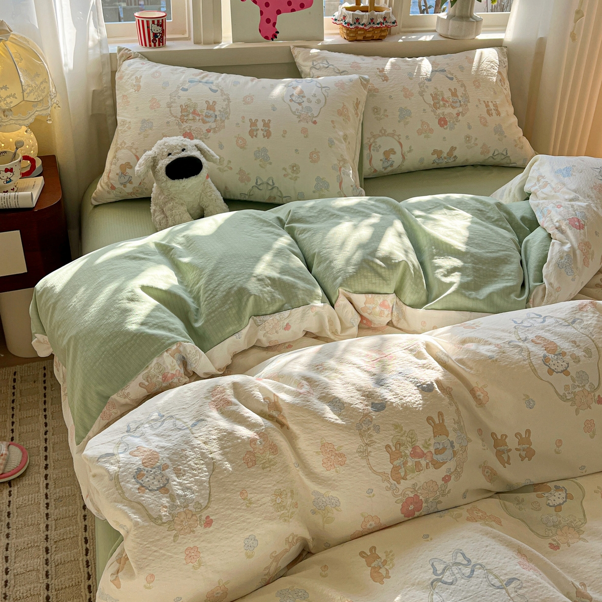 91家纺网 家纺一手货源 找家纺 水木坊 2026春夏新款云感双层纱可爱系列四件套 梦境小兔