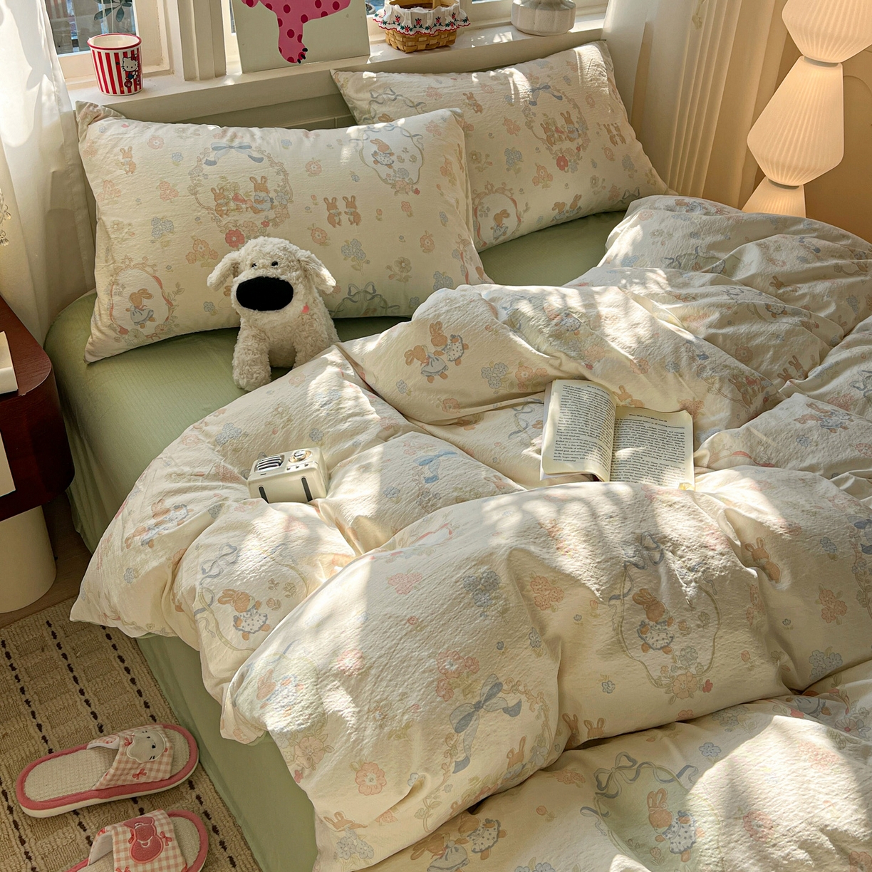 91家纺网 家纺一手货源 找家纺 水木坊 2026春夏新款云感双层纱可爱系列四件套 梦境小兔