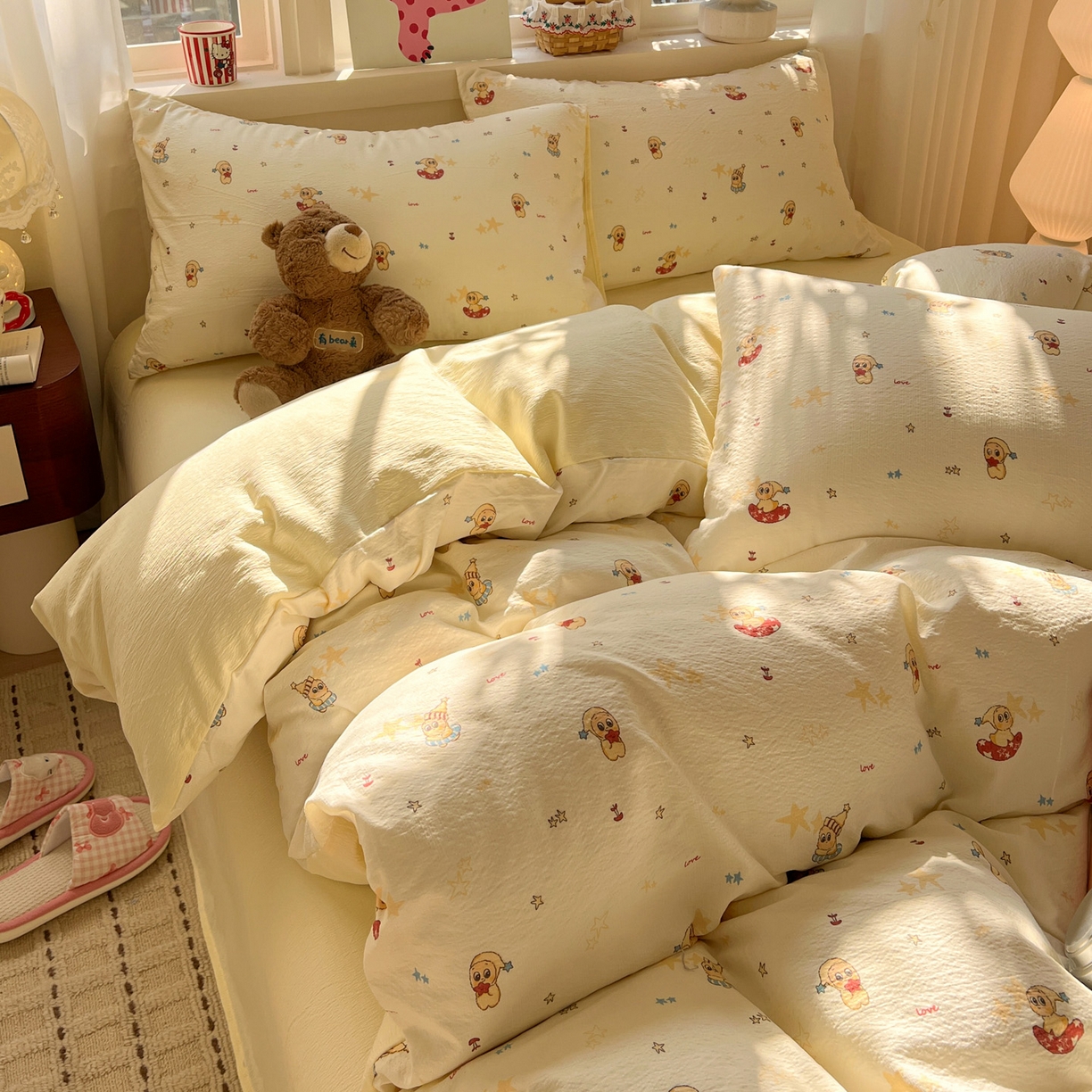 91家纺网 家纺一手货源 找家纺 水木坊 2026春夏新款云感双层纱可爱系列四件套 奶油星星人