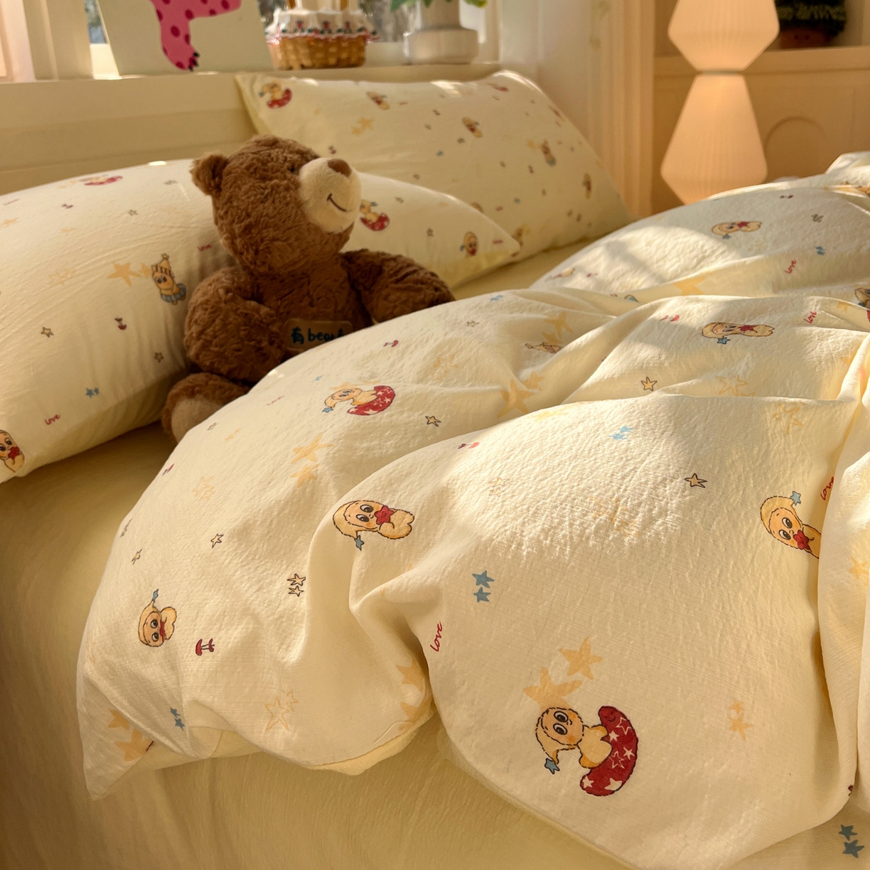 91家纺网 家纺一手货源 找家纺 水木坊 2026春夏新款云感双层纱可爱系列四件套 奶油星星人