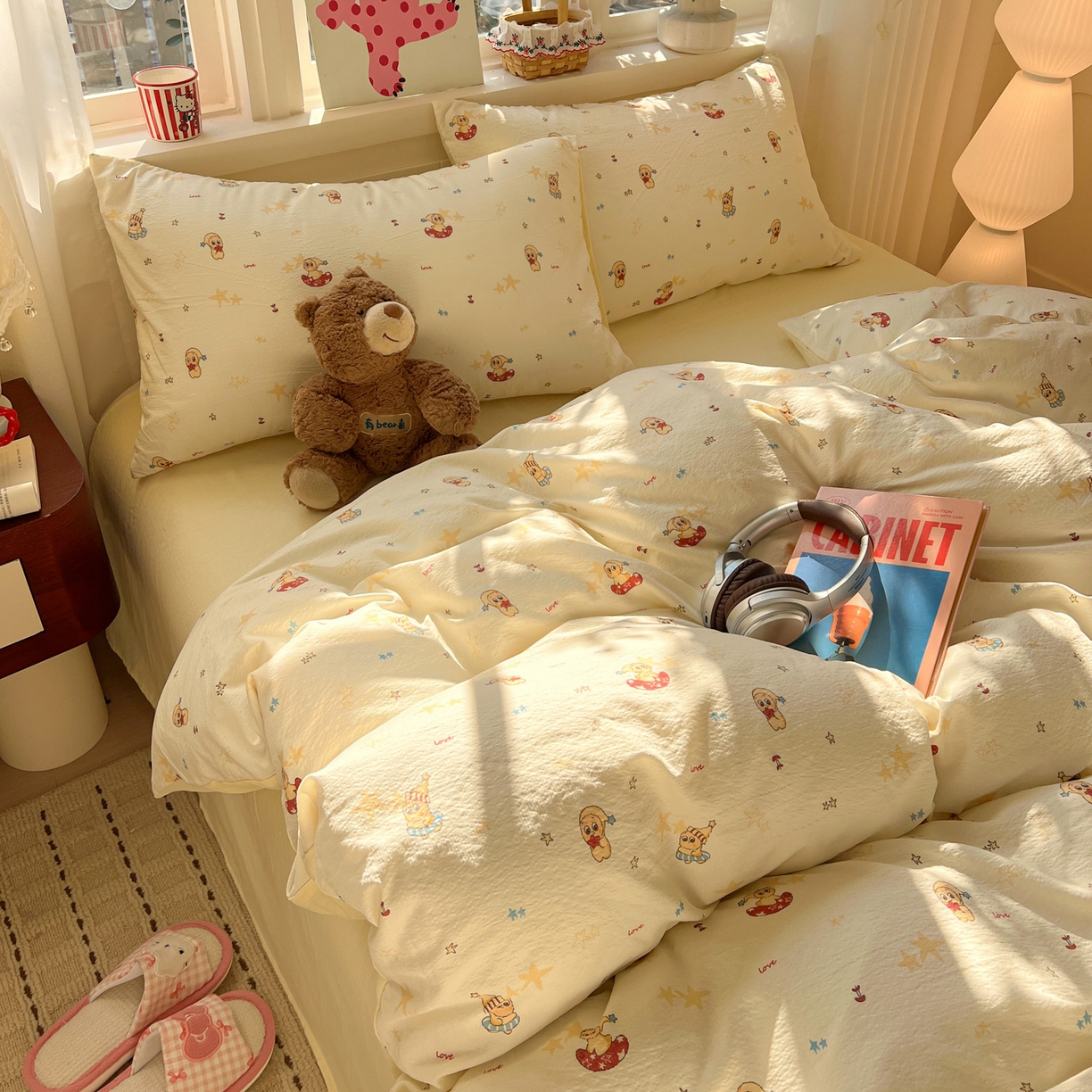 91家纺网 家纺一手货源 找家纺 水木坊 2026春夏新款云感双层纱可爱系列四件套 奶油星星人