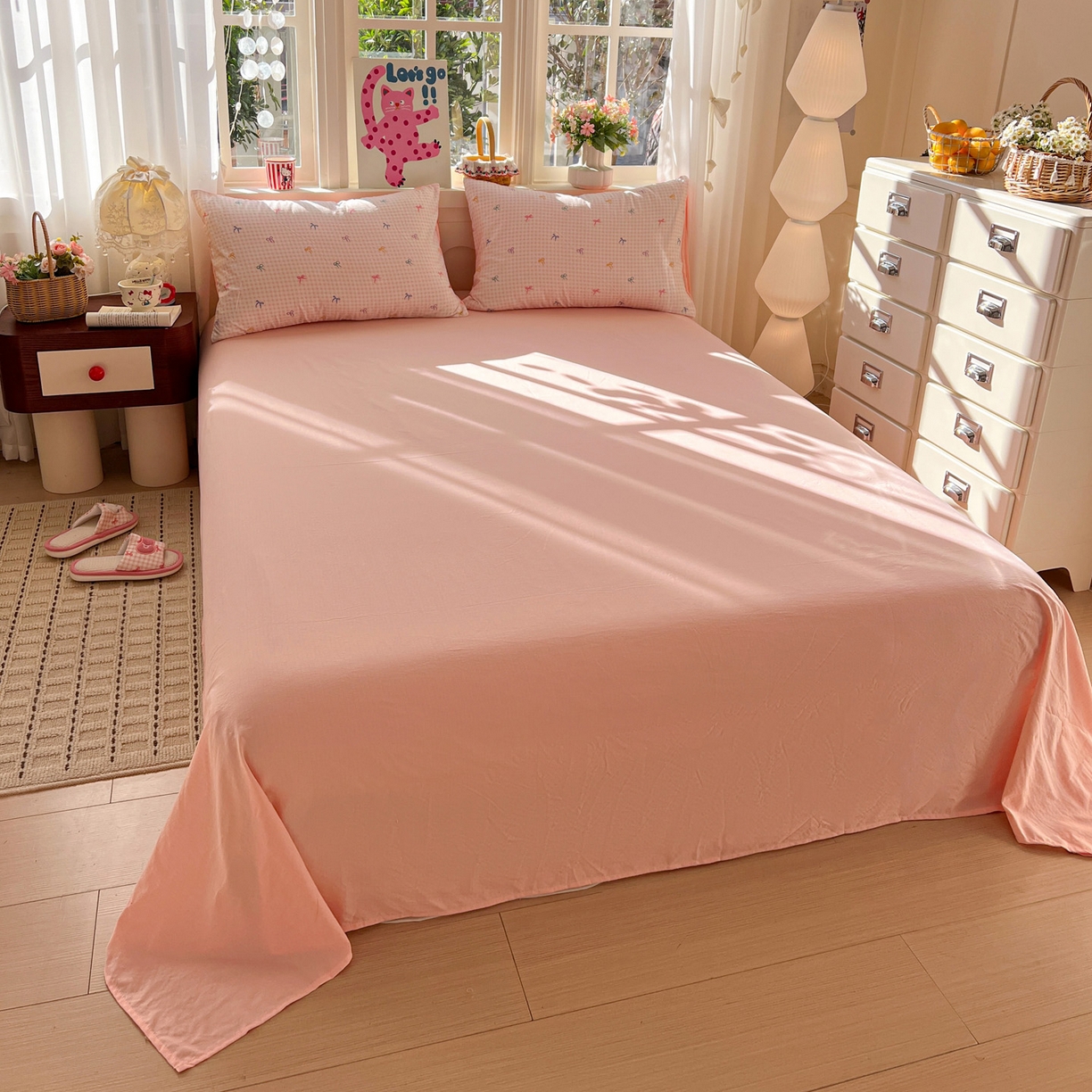 91家纺网 家纺一手货源 找家纺 水木坊 2026春夏新款云感双层纱可爱系列四件套 小粉结