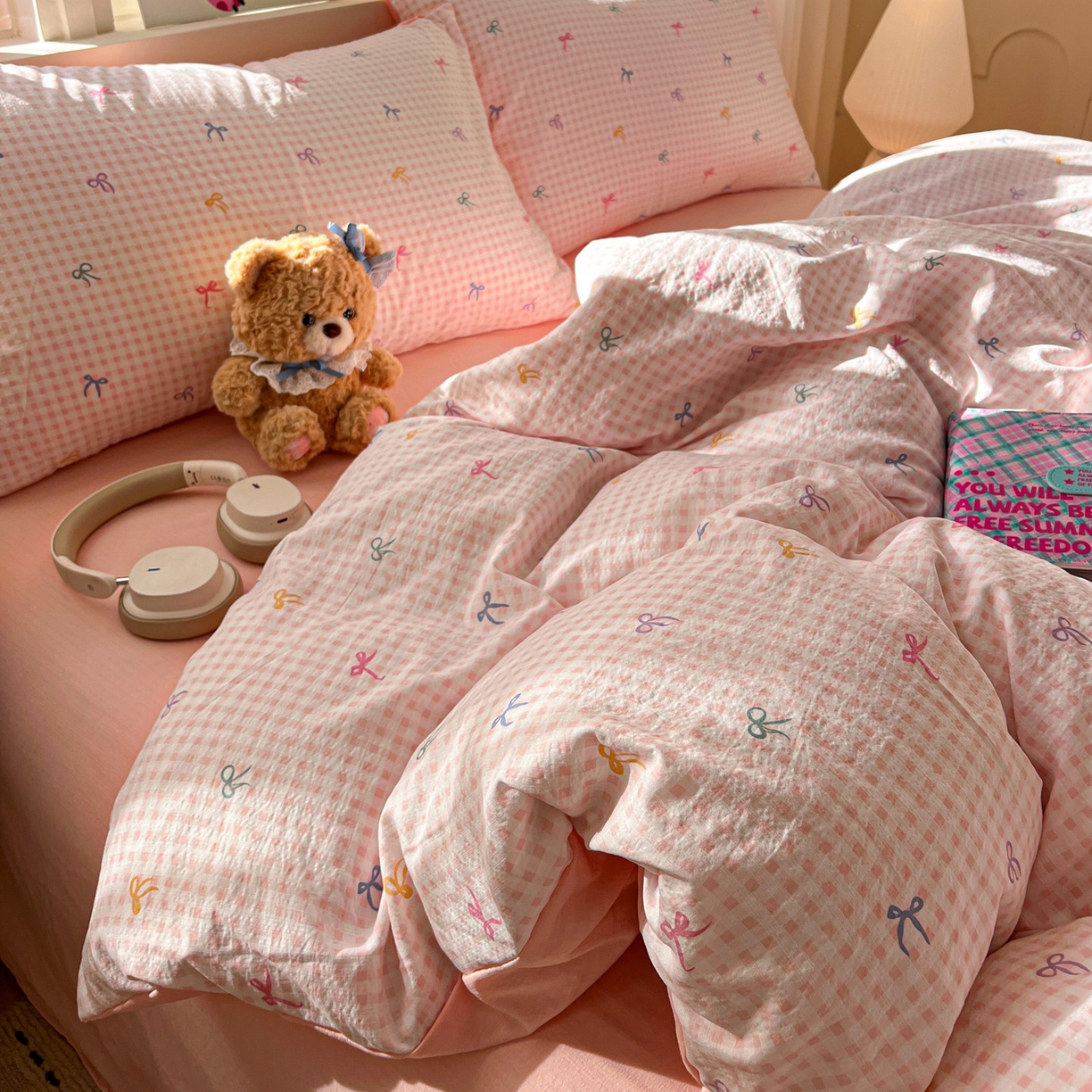 91家纺网 家纺一手货源 找家纺 水木坊 2026春夏新款云感双层纱可爱系列四件套 小粉结