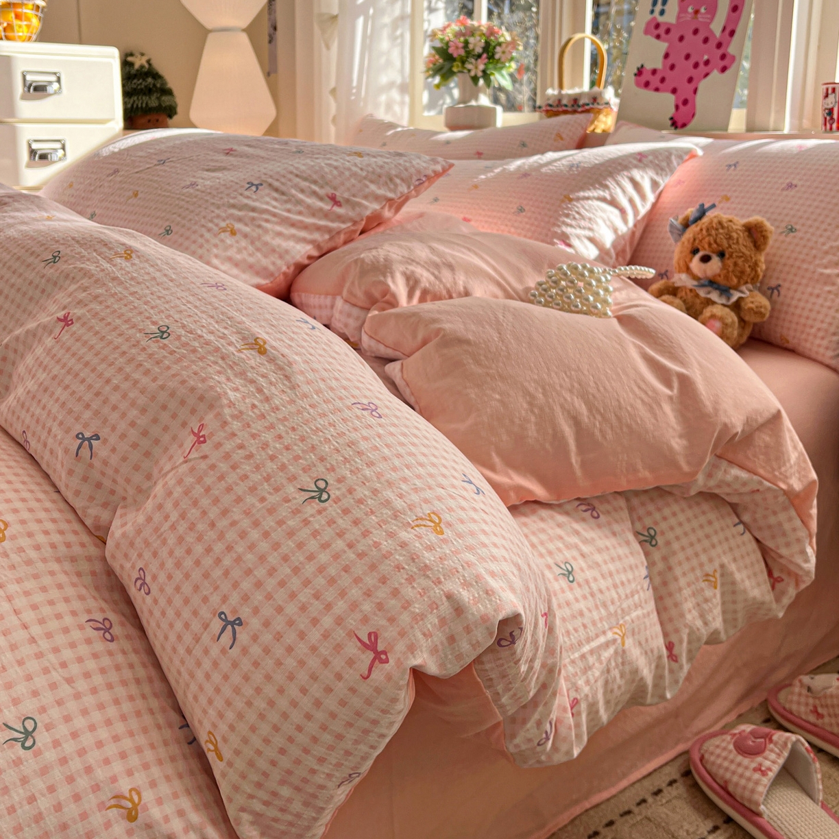 91家纺网 家纺一手货源 找家纺 水木坊 2026春夏新款云感双层纱可爱系列四件套 小粉结