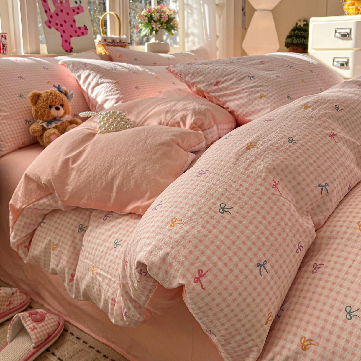 91家纺网 家纺一手货源 找家纺 水木坊 2026春夏新款云感双层纱可爱系列四件套 小粉结