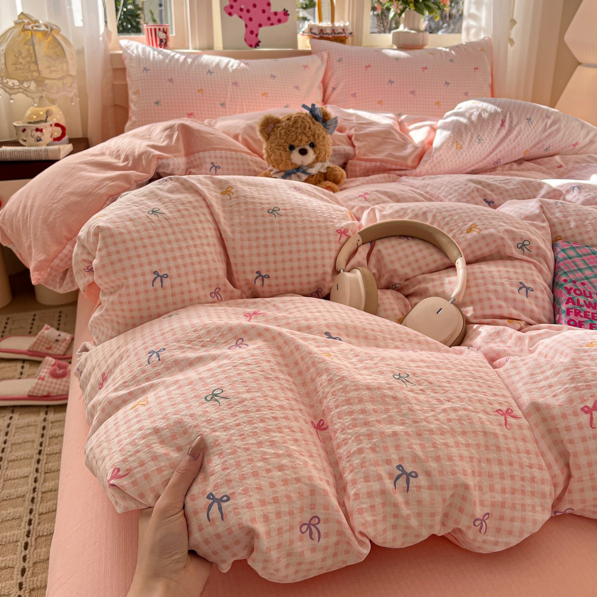 91家纺网 家纺一手货源 找家纺 水木坊 2026春夏新款云感双层纱可爱系列四件套 小粉结