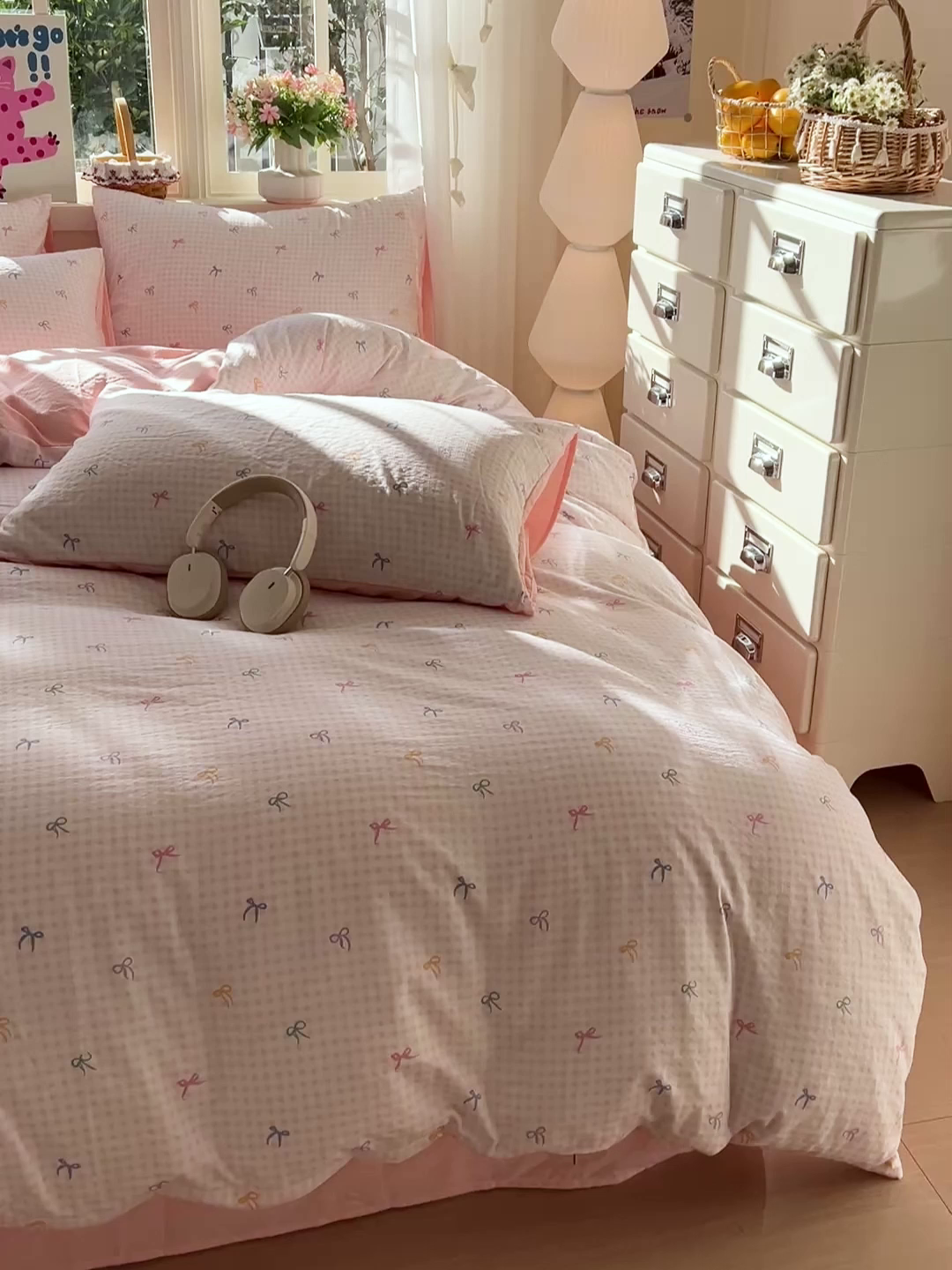 91家纺网 家纺一手货源 找家纺 水木坊 2026春夏新款云感双层纱可爱系列四件套 小粉结