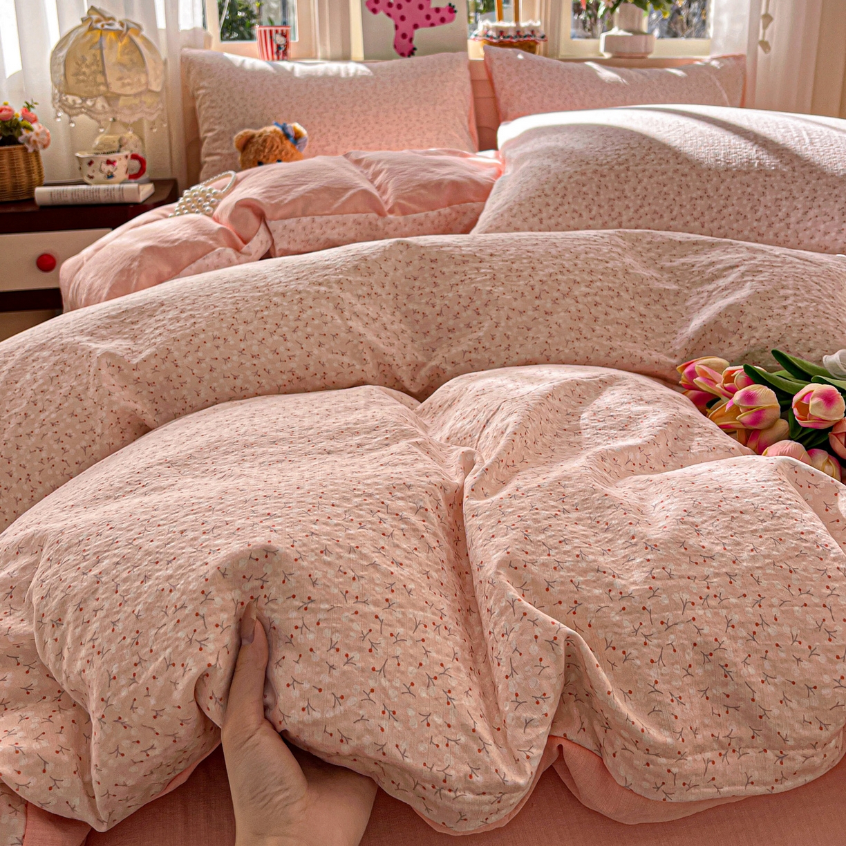 91家纺网 家纺一手货源 找家纺 水木坊 2026春夏新款云感双层纱可爱系列四件套 一束月色