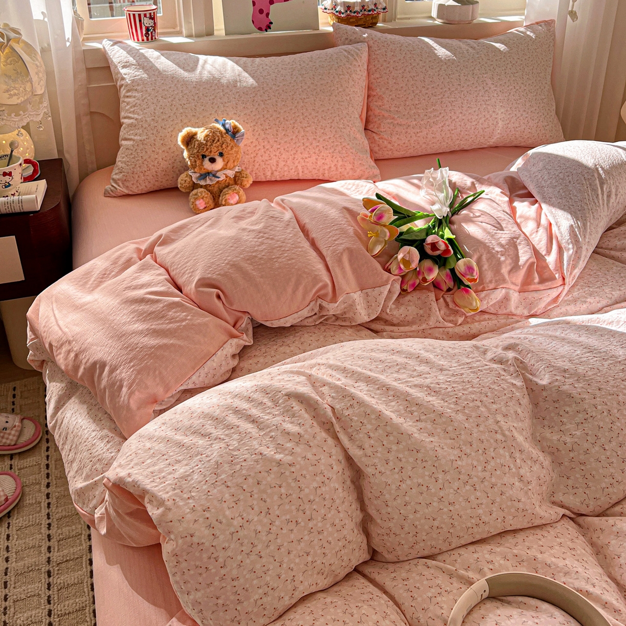 91家纺网 家纺一手货源 找家纺 水木坊 2026春夏新款云感双层纱可爱系列四件套 一束月色