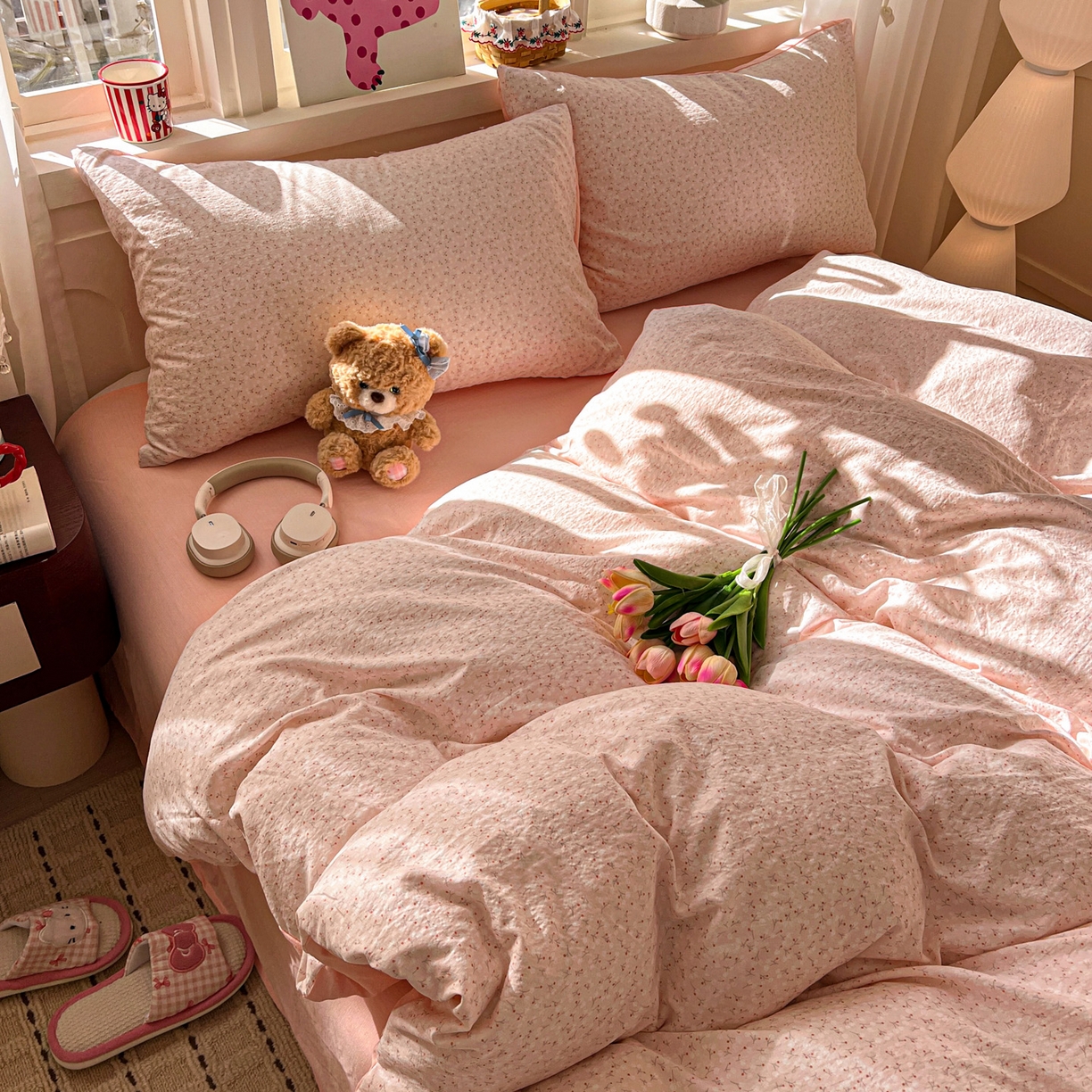 91家纺网 家纺一手货源 找家纺 水木坊 2026春夏新款云感双层纱可爱系列四件套 一束月色