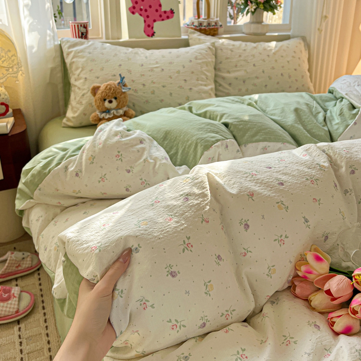 91家纺网 家纺一手货源 找家纺 水木坊 2026春夏新款云感双层纱可爱系列四件套 璎珞