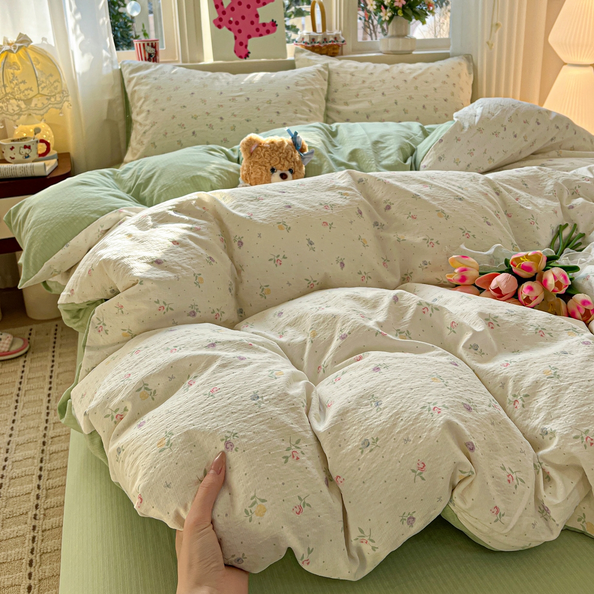 91家纺网 家纺一手货源 找家纺 水木坊 2026春夏新款云感双层纱可爱系列四件套 璎珞