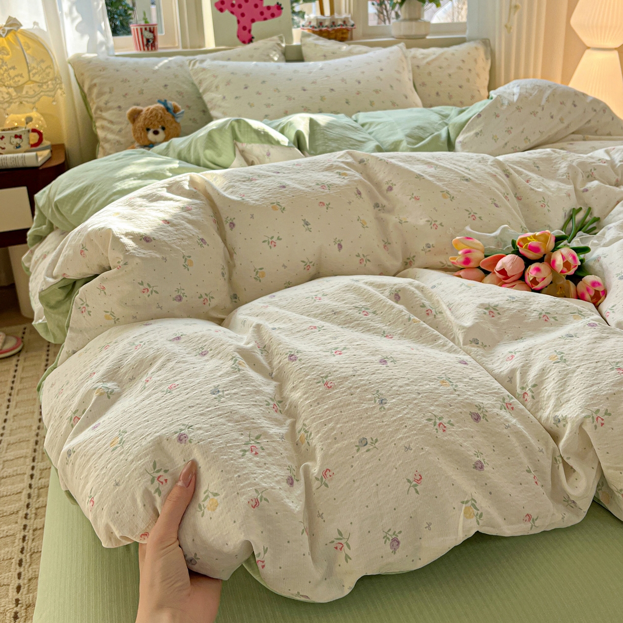 91家纺网 家纺一手货源 找家纺 水木坊 2026春夏新款云感双层纱可爱系列四件套 璎珞