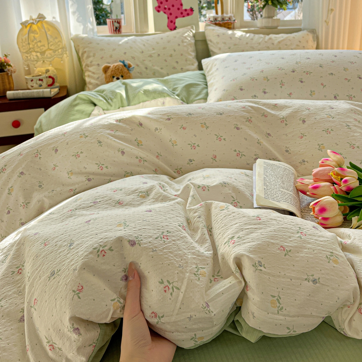 91家纺网 家纺一手货源 找家纺 水木坊 2026春夏新款云感双层纱可爱系列四件套 璎珞