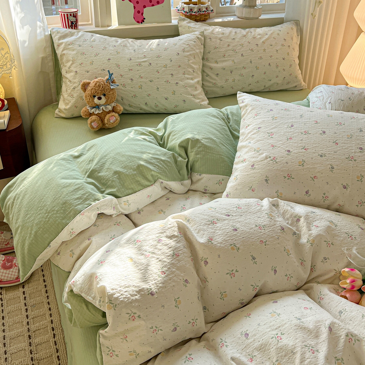 91家纺网 家纺一手货源 找家纺 水木坊 2026春夏新款云感双层纱可爱系列四件套 璎珞