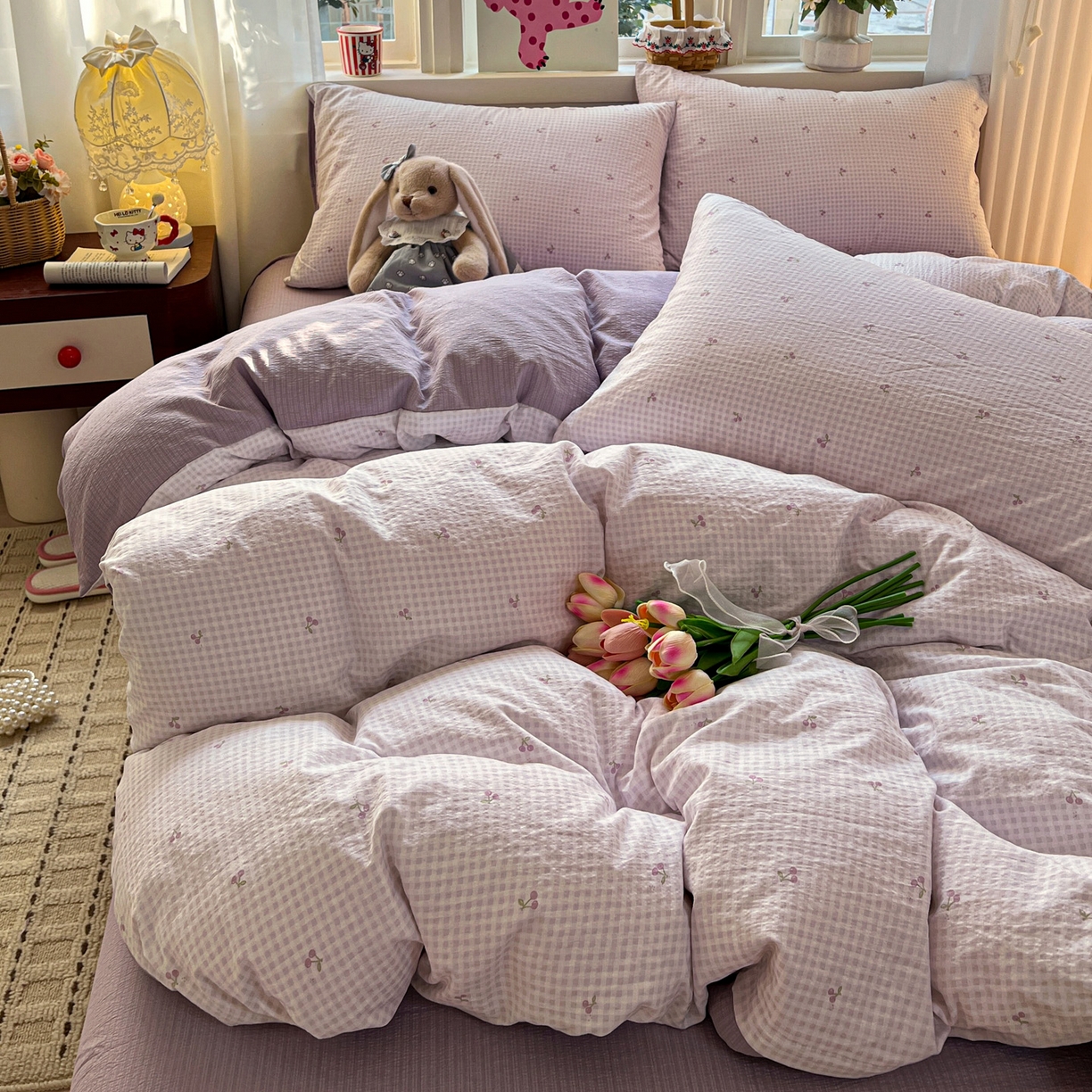 水木坊 2026春夏新款云感双层纱可爱系列四件套 紫格樱桃