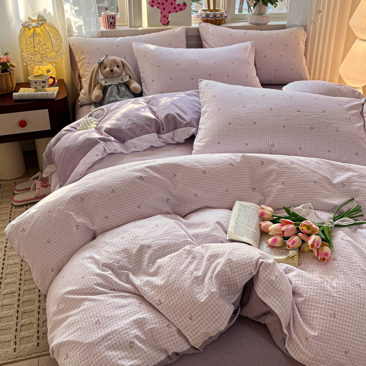 91家纺网 家纺一手货源 找家纺 水木坊 2026春夏新款云感双层纱可爱系列四件套 紫格樱桃