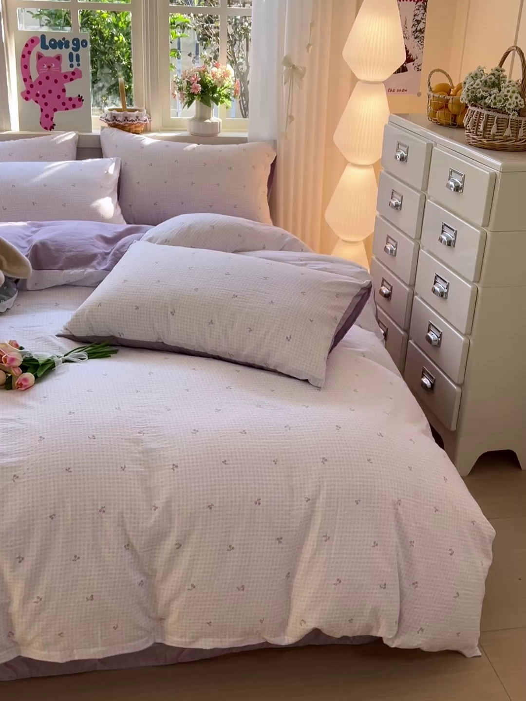 91家纺网 家纺一手货源 找家纺 水木坊 2026春夏新款云感双层纱可爱系列四件套 紫格樱桃