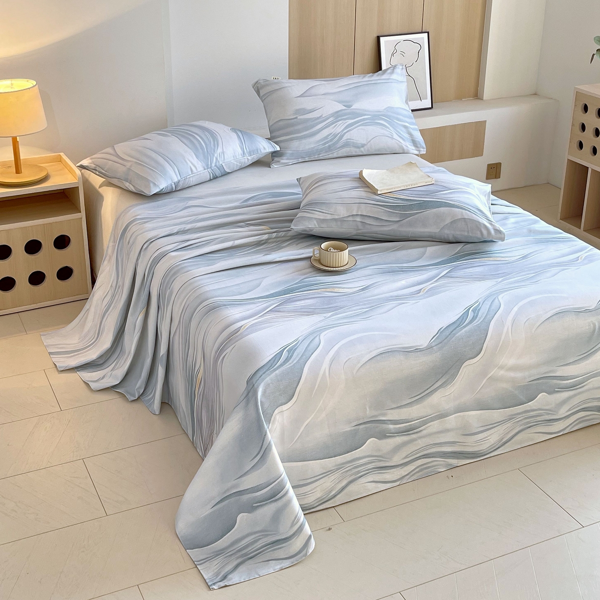 91家纺网 家纺一手货源 找家纺 爱彼家纺 2026新款A类全棉纯棉老粗布床单凉席席子床单三件套-系列二 水墨江南