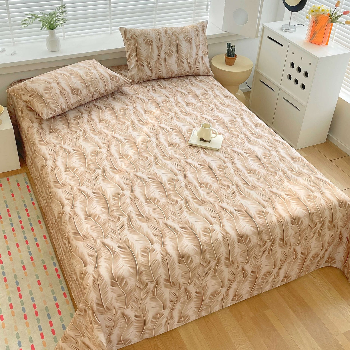 91家纺网 家纺一手货源 找家纺 爱彼家纺 2026新款A类全棉纯棉老粗布床单凉席席子床单三件套-系列二 羽毛-咖