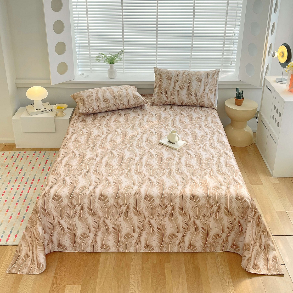 91家纺网 家纺一手货源 找家纺 爱彼家纺 2026新款A类全棉纯棉老粗布床单凉席席子床单三件套-系列二 羽毛-咖