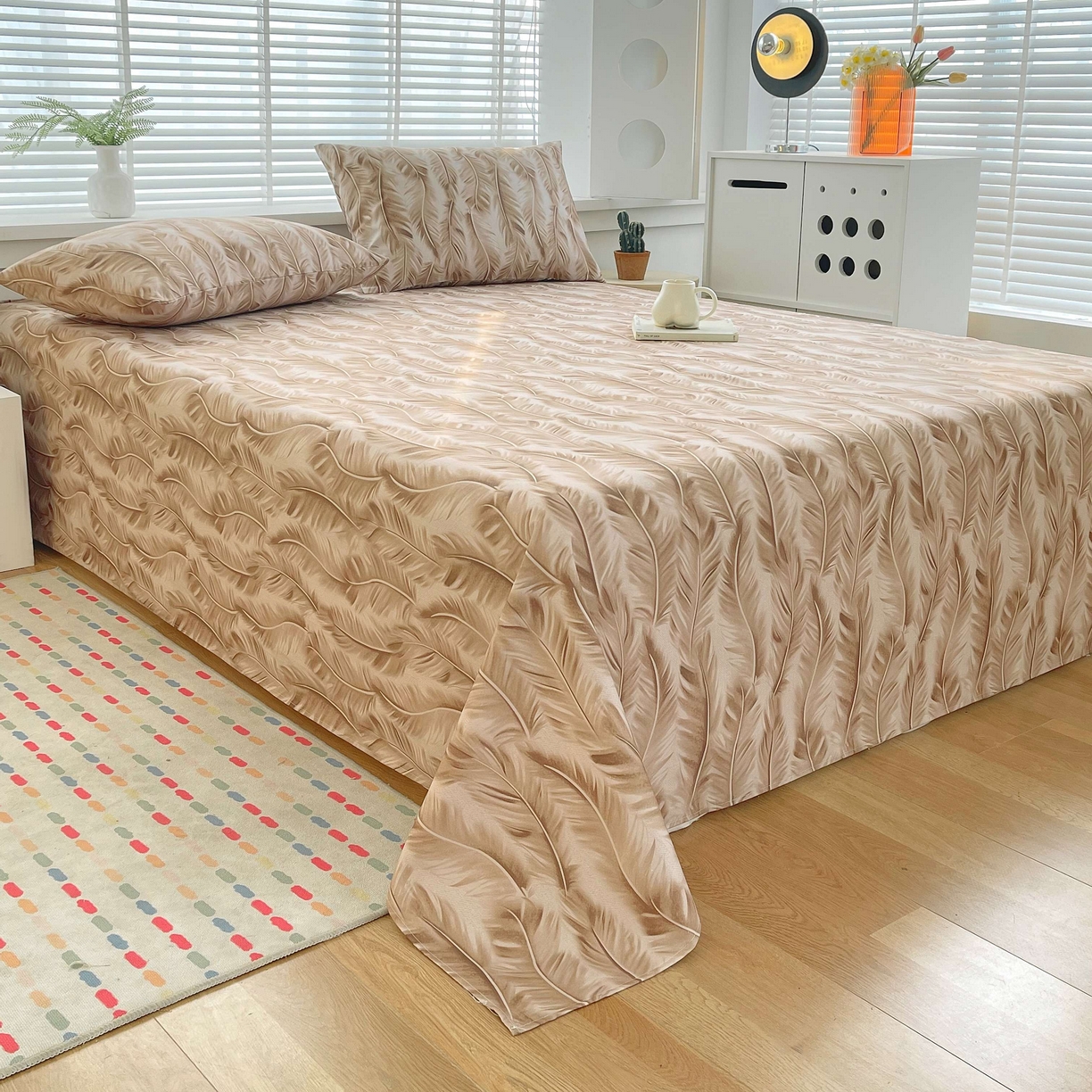 91家纺网 家纺一手货源 找家纺 爱彼家纺 2026新款A类全棉纯棉老粗布床单凉席席子床单三件套-系列二 羽毛-咖