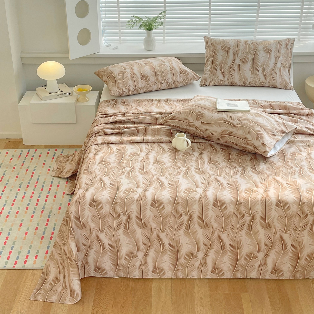 91家纺网 家纺一手货源 找家纺 爱彼家纺 2026新款A类全棉纯棉老粗布床单凉席席子床单三件套-系列二 羽毛-咖