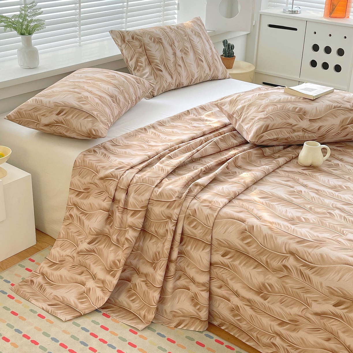 91家纺网 家纺一手货源 找家纺 爱彼家纺 2026新款A类全棉纯棉老粗布床单凉席席子床单三件套-系列二 羽毛-咖