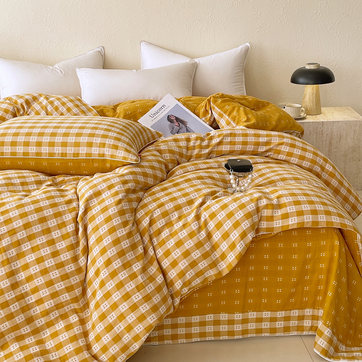 91家纺网 家纺一手货源 找家纺 春皖家纺 2026春夏新款（正反两用）A类提花双层纱单被套 思柔-黄杏