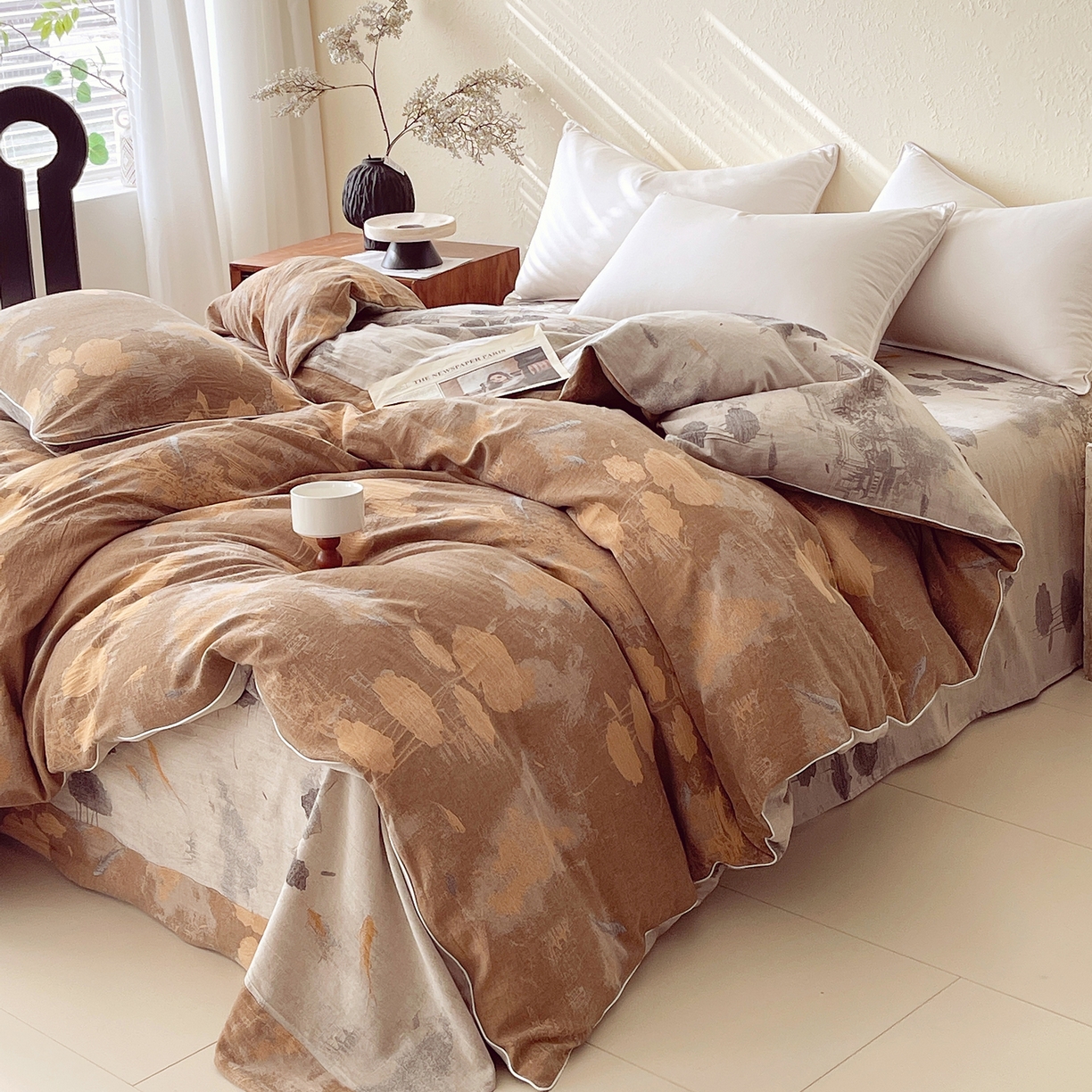 91家纺网 家纺一手货源 找家纺 春皖家纺 2026春夏新款（正反两用）A类提花双层纱单被套 荷芷