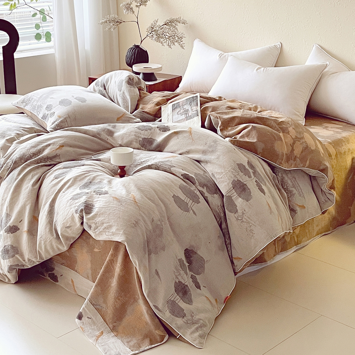 91家纺网 家纺一手货源 找家纺 春皖家纺 2026春夏新款（正反两用）A类提花双层纱单被套 荷芷