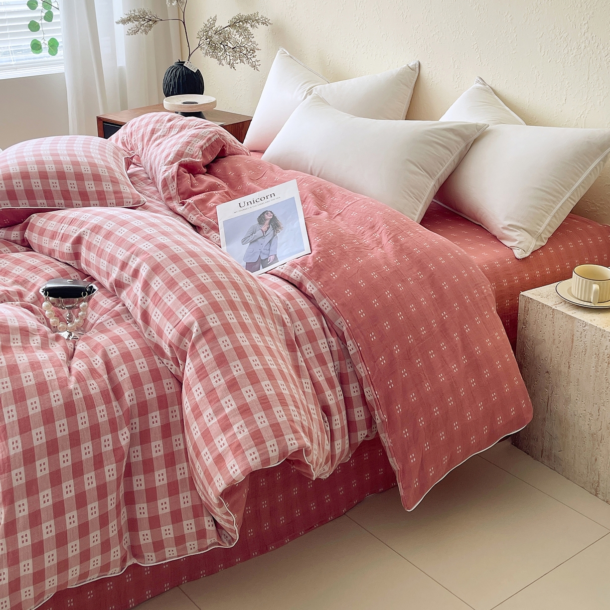 91家纺网 家纺一手货源 找家纺 春皖家纺 2026春夏新款（正反两用）A类提花双层纱单被套 思柔-粉红