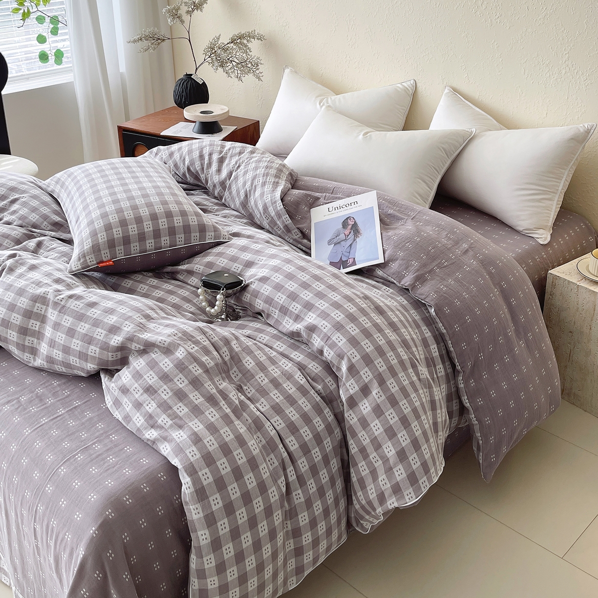 91家纺网 家纺一手货源 找家纺 春皖家纺 2026春夏新款（正反两用）A类提花双层纱单被套 思柔-烟灰