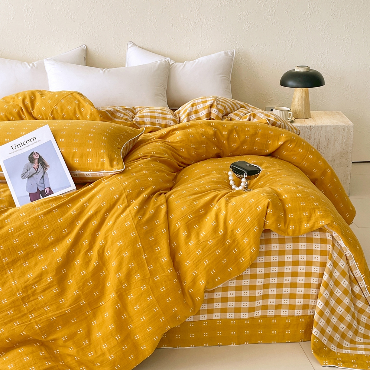 91家纺网 家纺一手货源 找家纺 春皖家纺 2026春夏新款（正反两用）A类提花双层纱单被套 思柔-黄杏