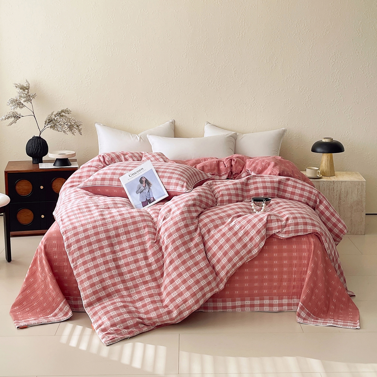 91家纺网 家纺一手货源 找家纺 春皖家纺 2026春夏新款（正反两用）A类提花双层纱单被套 思柔-粉红