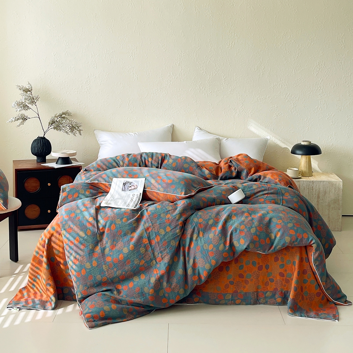 91家纺网 家纺一手货源 找家纺 春皖家纺 2026春夏新款（正反两用）A类提花双层纱单被套 映阳-蓝黄