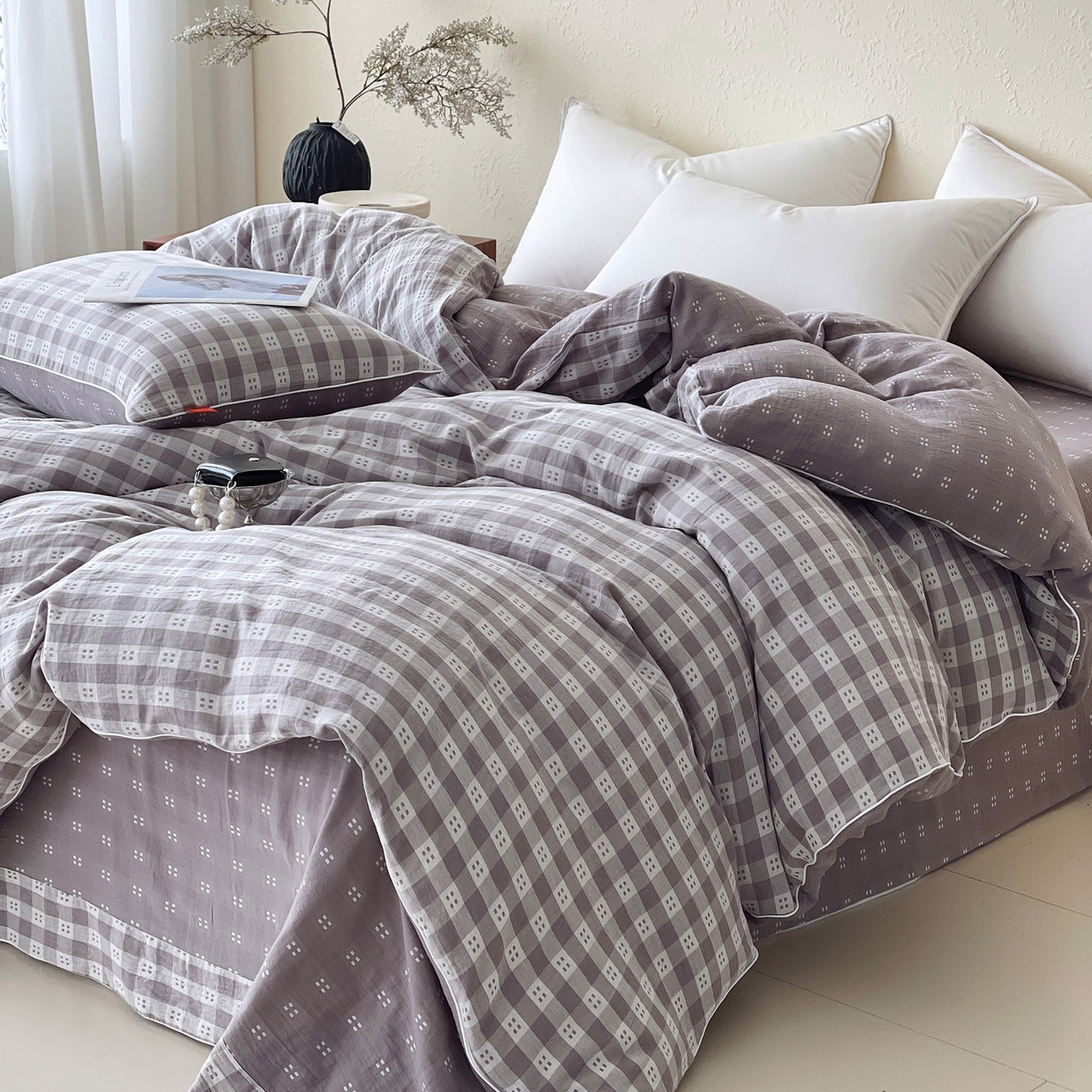 91家纺网 家纺一手货源 找家纺 春皖家纺 2026春夏新款（正反两用）A类提花双层纱单被套 思柔-烟灰