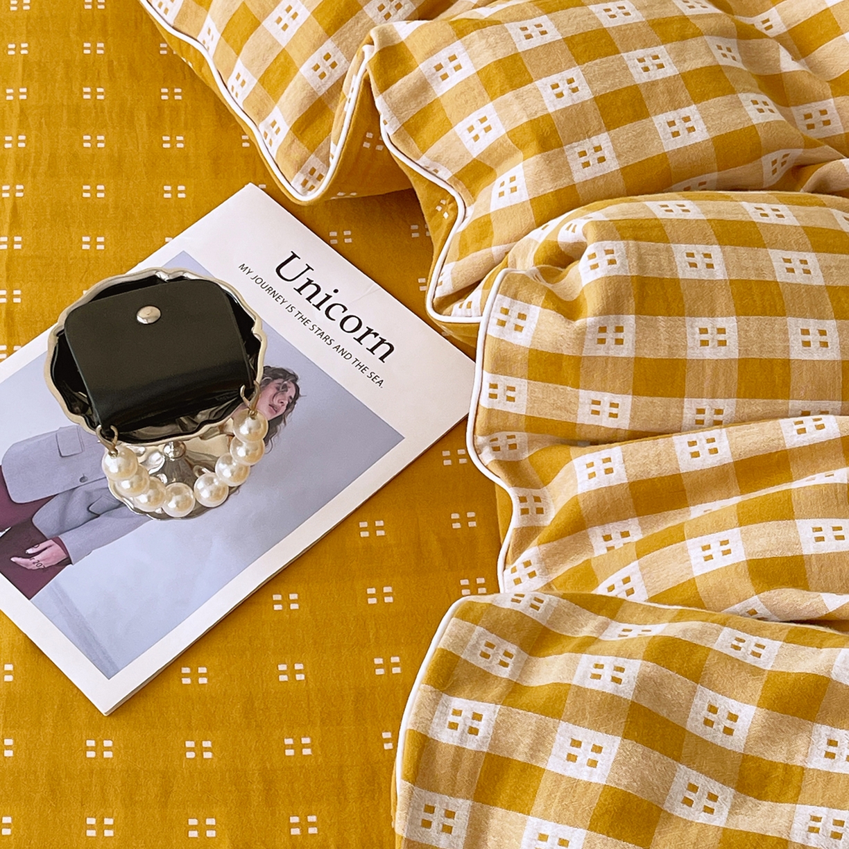 91家纺网 家纺一手货源 找家纺 春皖家纺 2026春夏新款（正反两用）A类提花双层纱单被套 思柔-黄杏