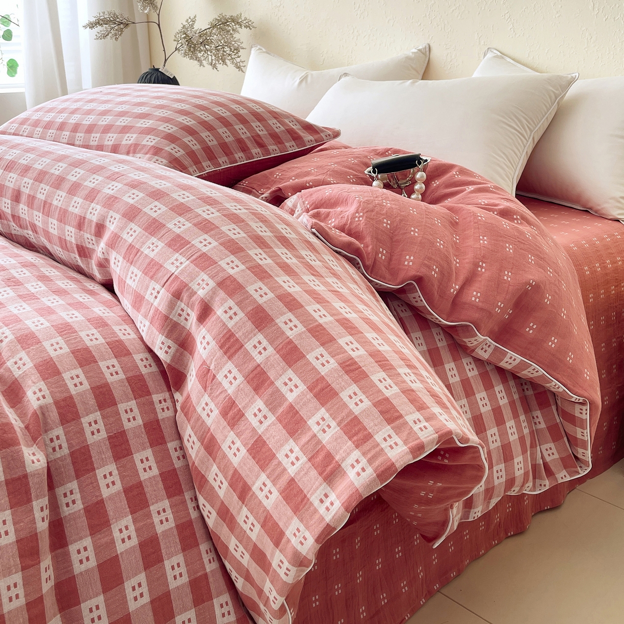 91家纺网 家纺一手货源 找家纺 春皖家纺 2026春夏新款（正反两用）A类提花双层纱单被套 思柔-粉红