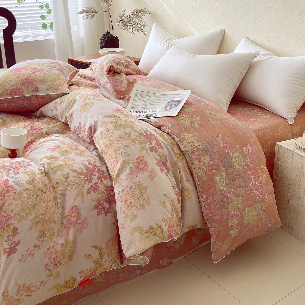 91家纺网 家纺一手货源 找家纺 春皖家纺 2026春夏新款（正反两用）A类提花双层纱单被套 霞沫