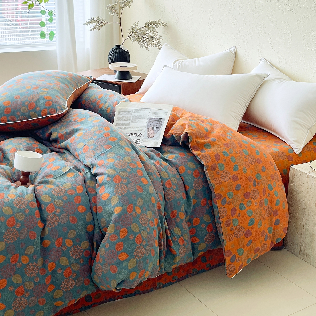 91家纺网 家纺一手货源 找家纺 春皖家纺 2026春夏新款（正反两用）A类提花双层纱单被套 映阳-蓝黄