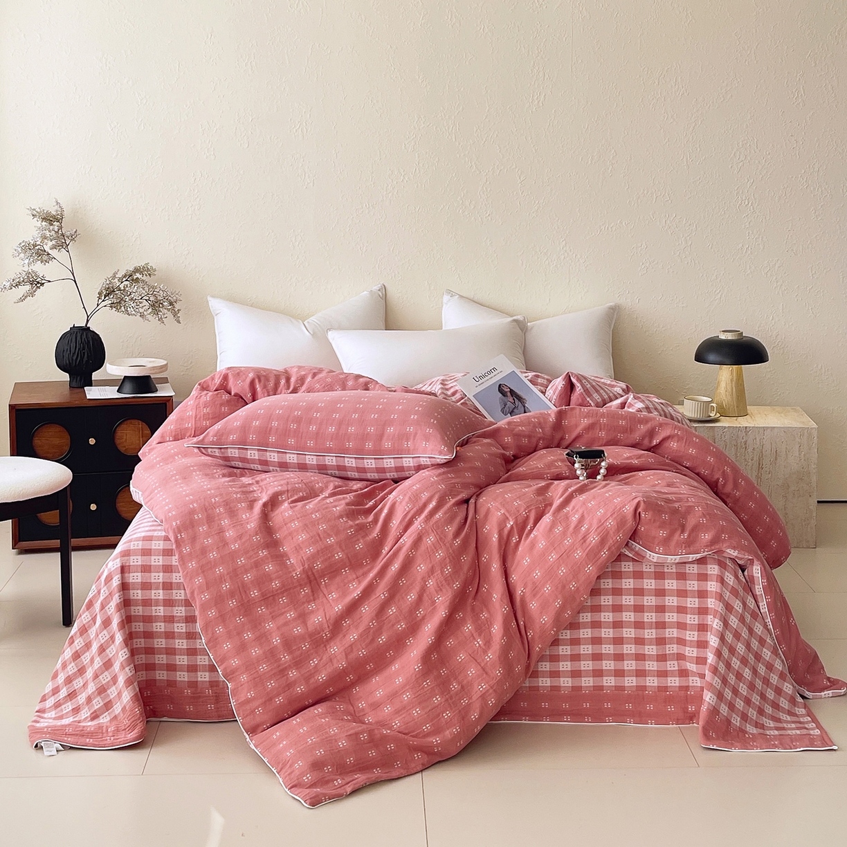 91家纺网 家纺一手货源 找家纺 春皖家纺 2026春夏新款（正反两用）A类提花双层纱单被套 思柔-粉红